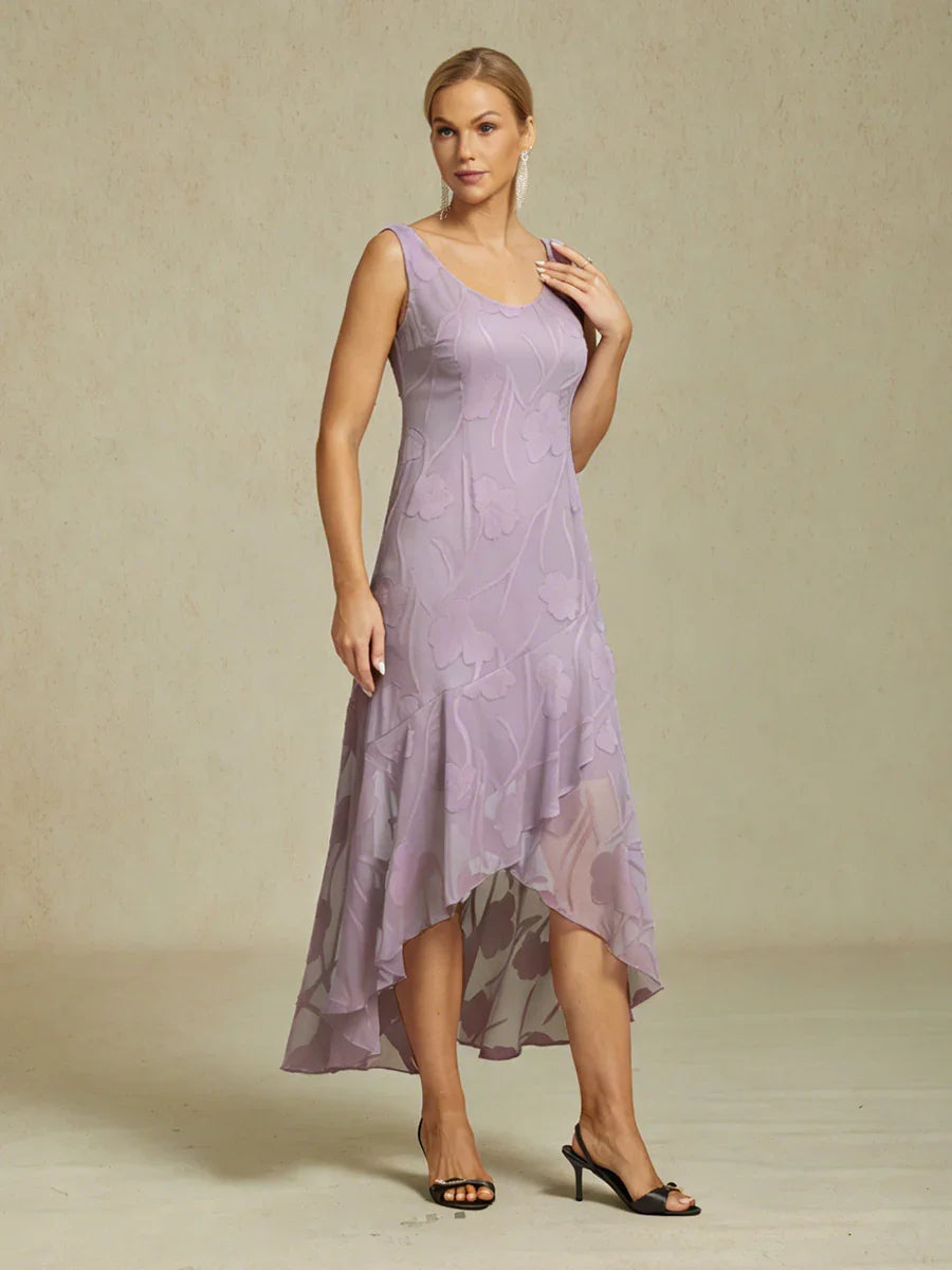 Abito da Sera Senza Maniche in Chiffon Floreale con Orlo Asimmetrico