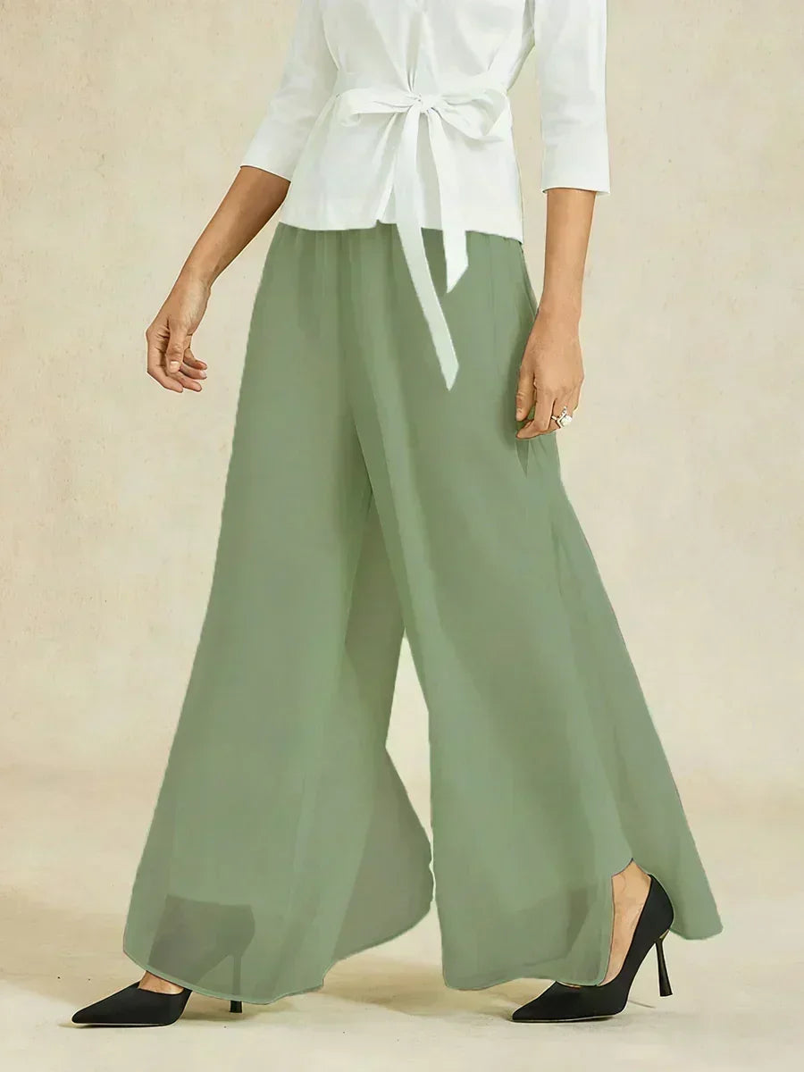 Pantaloni a Gamba Dritta con Sovrapposizione in Chiffon
