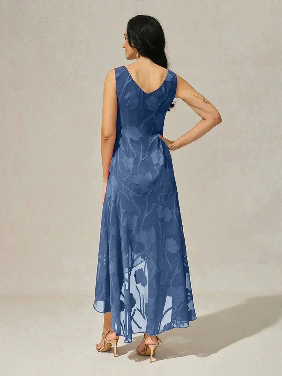 Abito da sera senza maniche in chiffon floreale con orlo asimmetrico