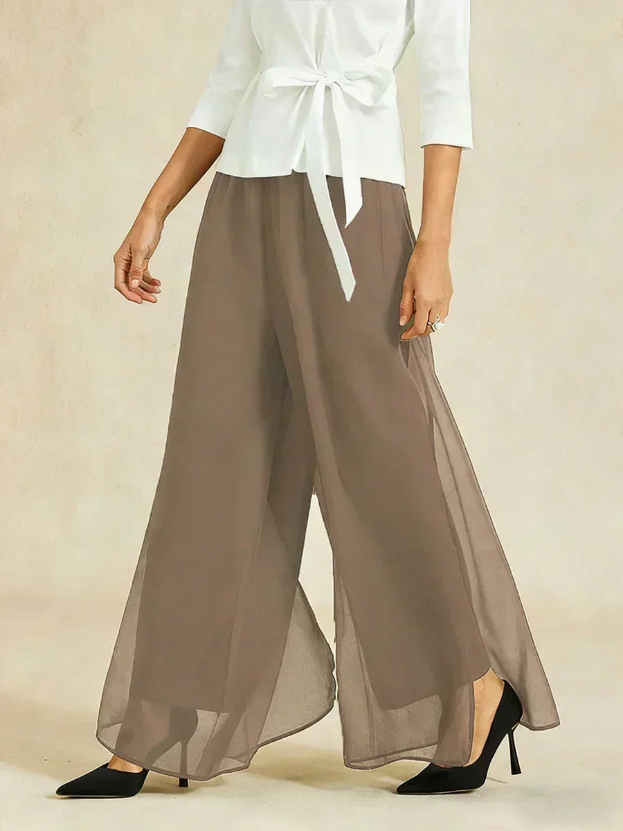 Pantaloni a Gamba Dritta con Sovrapposizione in Chiffon