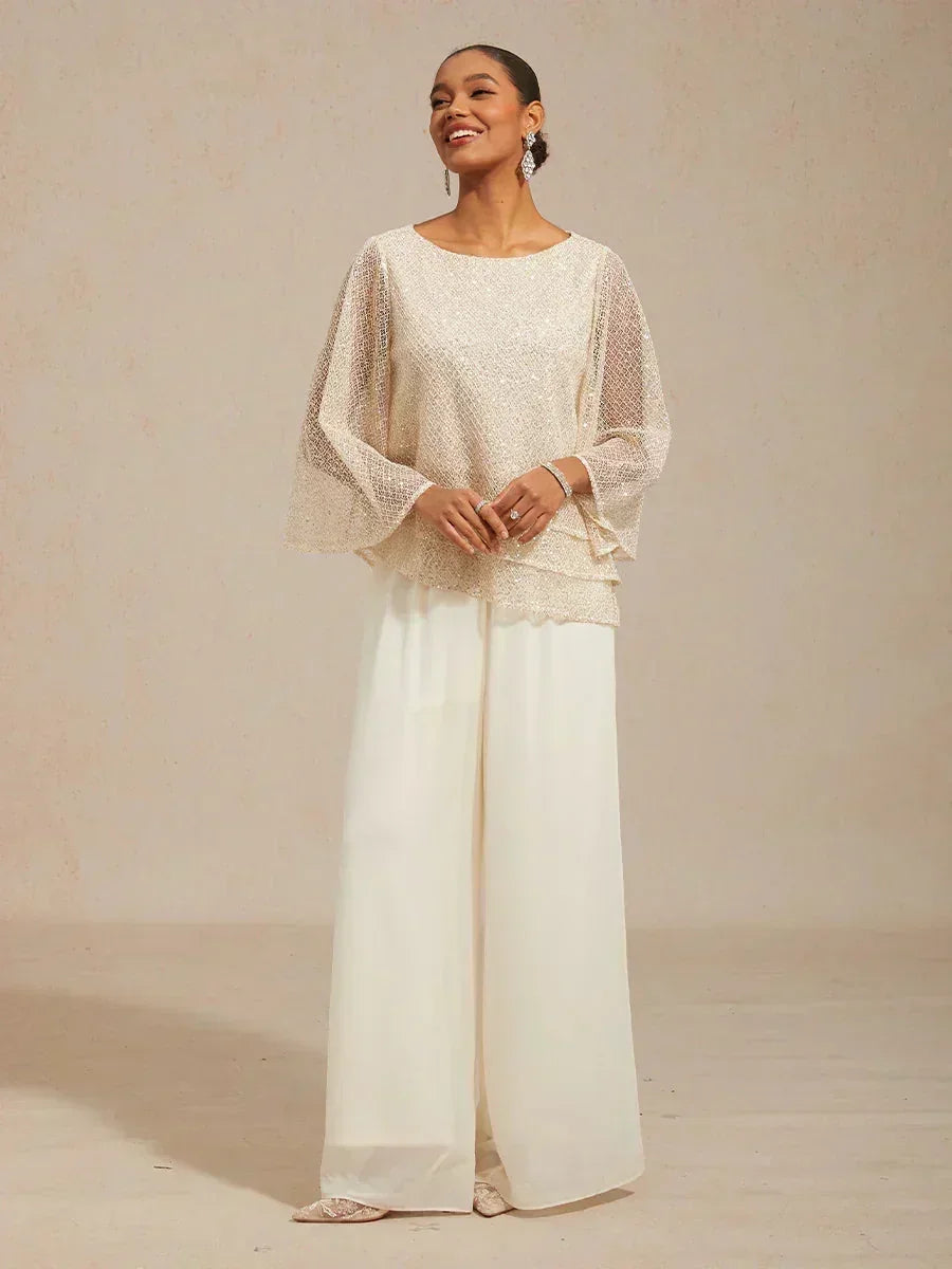 Pantaloni a Gamba Dritta con Sovrapposizione di Chiffon a Spacco