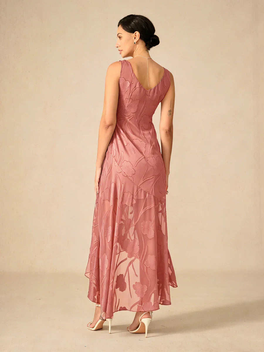 Abito da Sera Senza Maniche in Chiffon Floreale con Orlo Asimmetrico