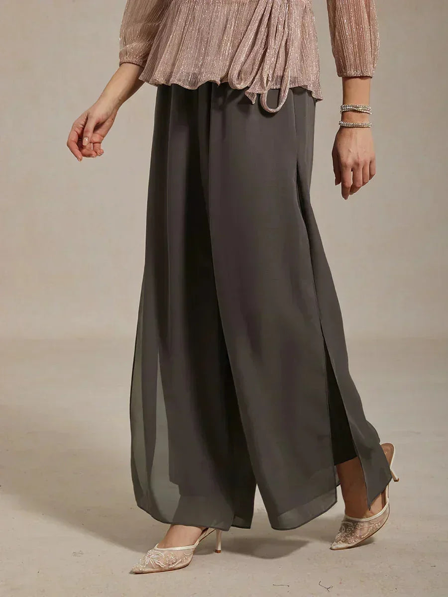 Pantaloni a Gamba Dritta con Sovrapposizione di Chiffon a Spacco