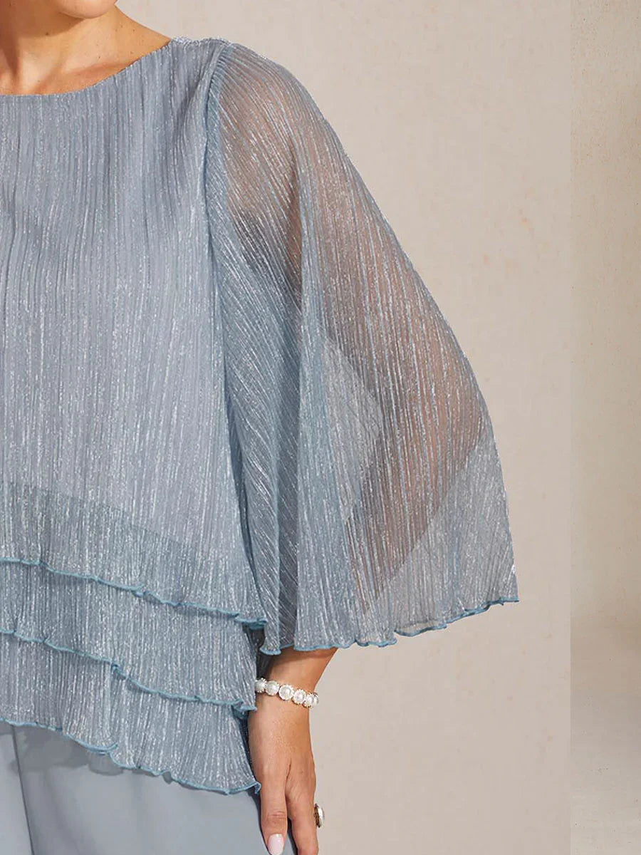 Blusa Asimmetrica a Strati in Chiffon Metallizzato Pieghettato