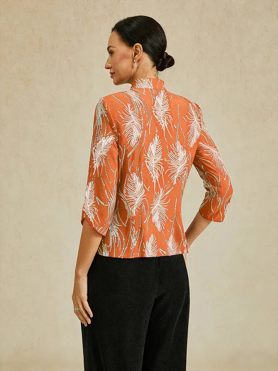 Elegante Twinset con Collo alla Mandarin in Paillettes