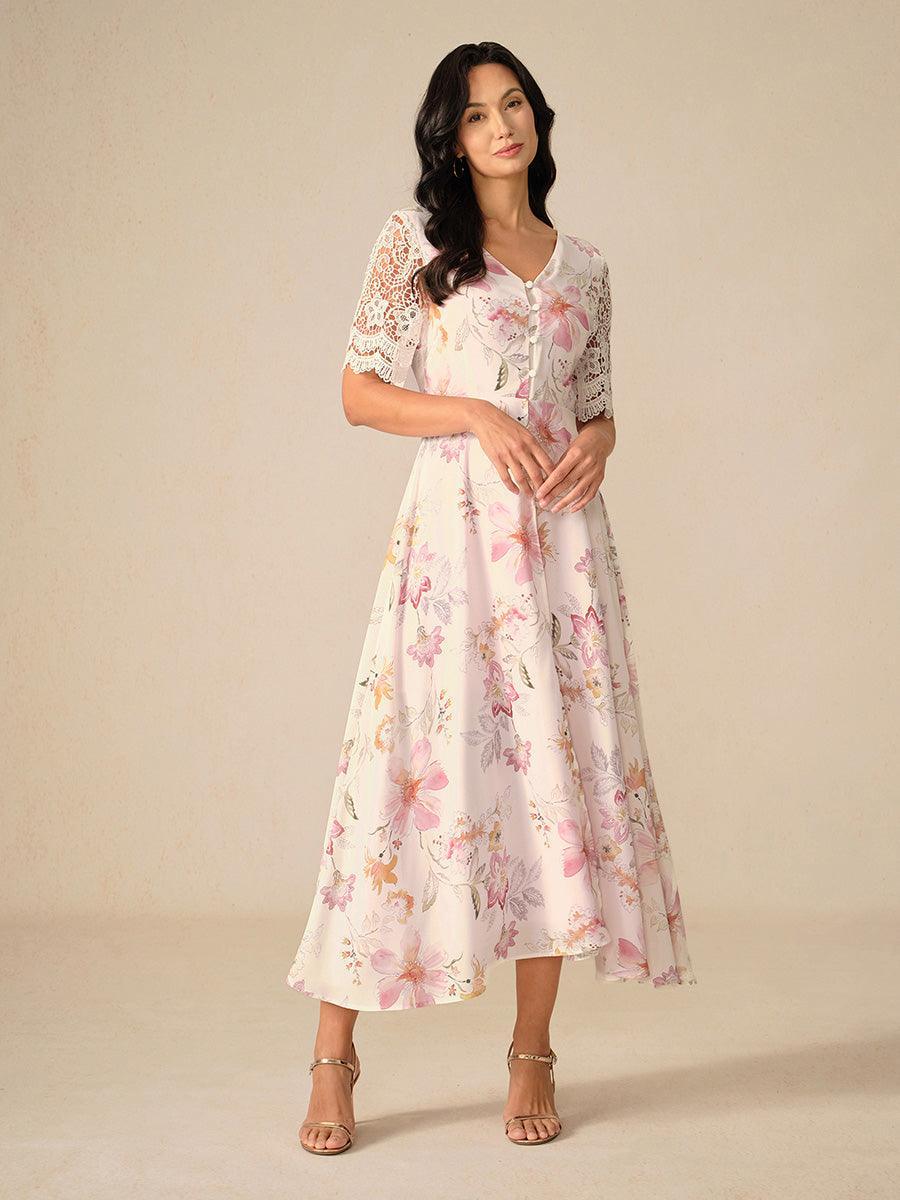 Abito A-Line in Chiffon Floreale con Maniche in Pizzo