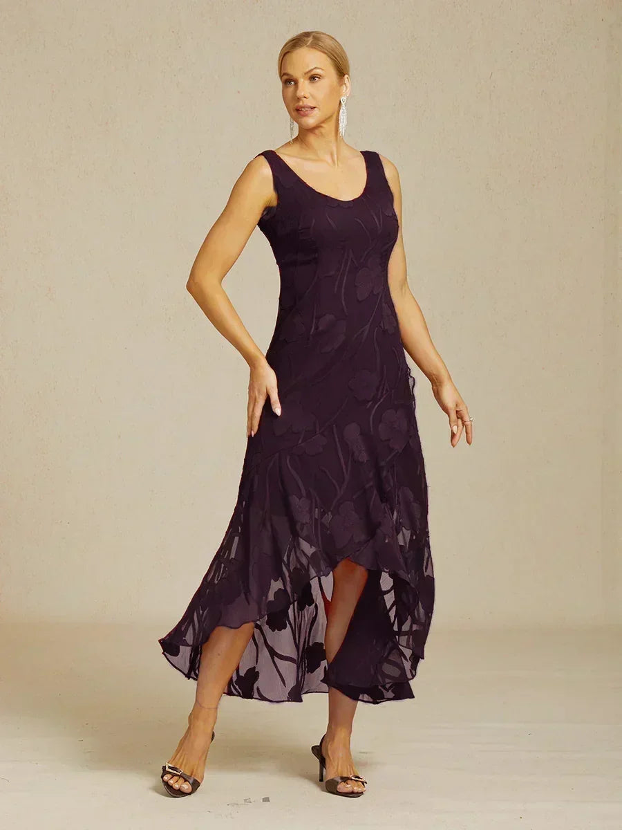 Abito da Sera Senza Maniche in Chiffon Floreale con Orlo Asimmetrico