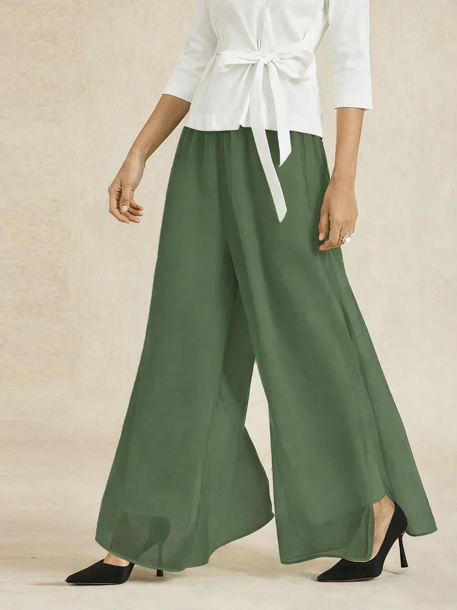 Pantaloni a Gamba Dritta con Sovrapposizione in Chiffon a Spacco