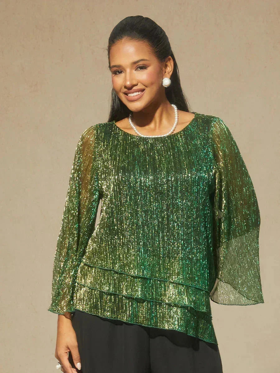 Blusa Asimmetrica a Strati in Chiffon Metallizzato Pieghettato