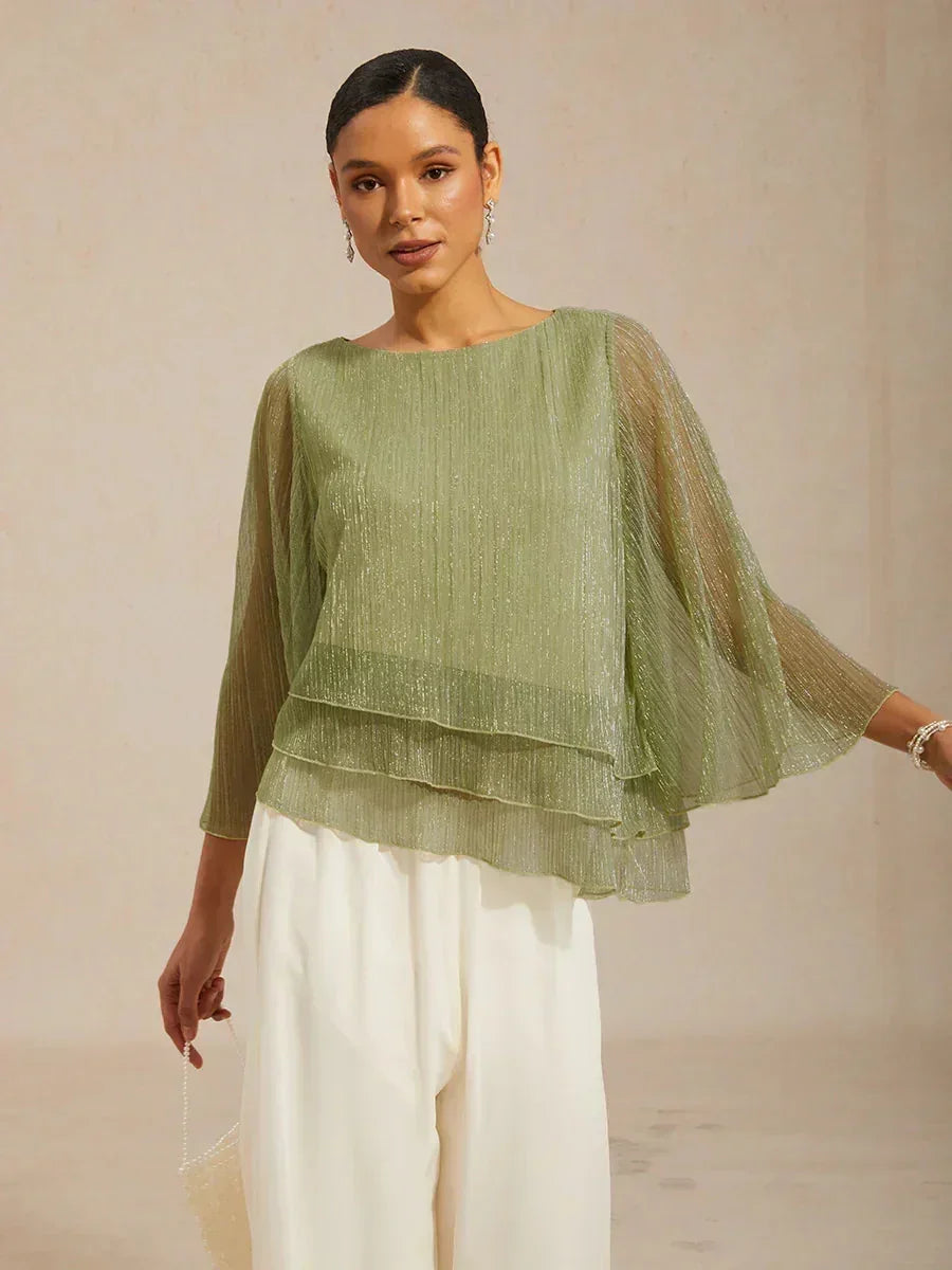 Blusa Asimmetrica a Strati in Chiffon Metallizzato Pieghettato