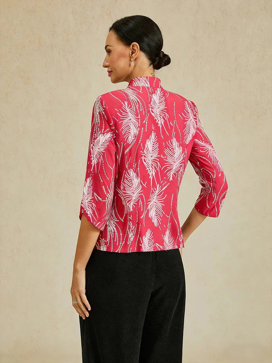 Elegante Twinset con Collo alla Mandarin in Paillettes