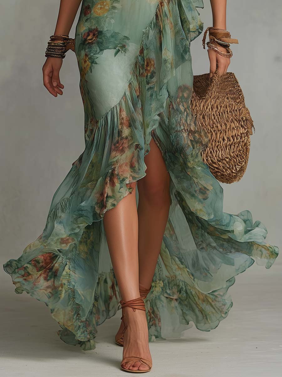 Aurora – Abito Maxi Boho Floreale con Orlo Asimmetrico Romantico