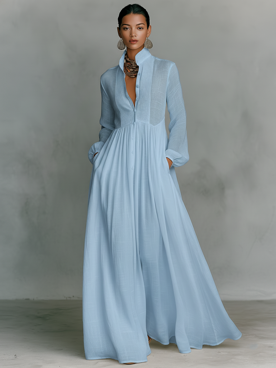 Abito maxi da donna in stile minimalista in cotone e lino con pezzi di puzzle, con colletto rigido e maniche lunghe