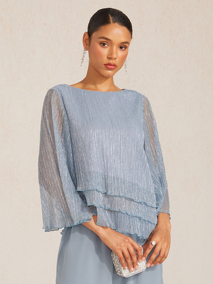 Blusa Asimmetrica a Strati in Chiffon Metallizzato Pieghettato