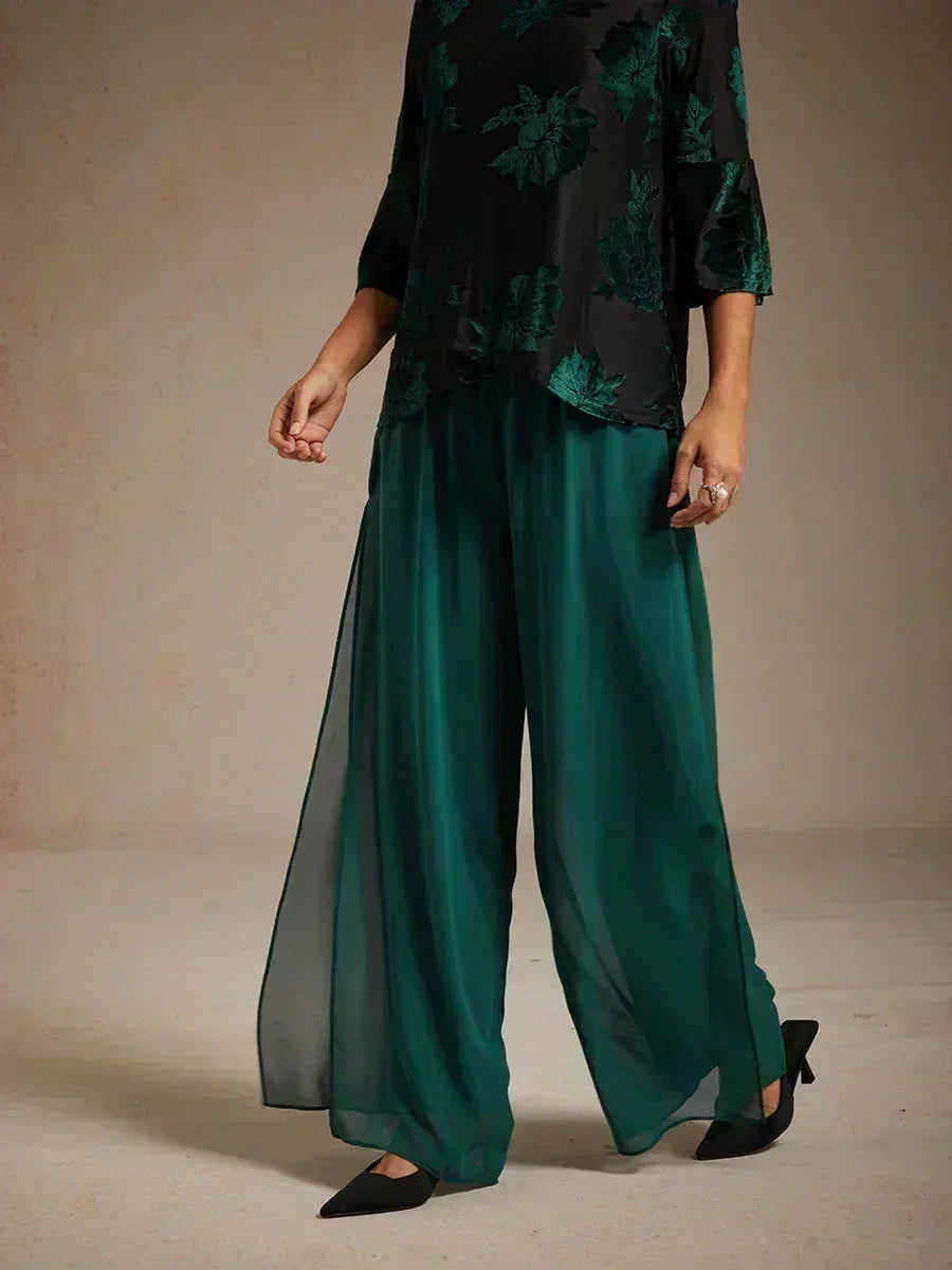 Pantaloni a Gamba Dritta con Sovrapposizione in Chiffon