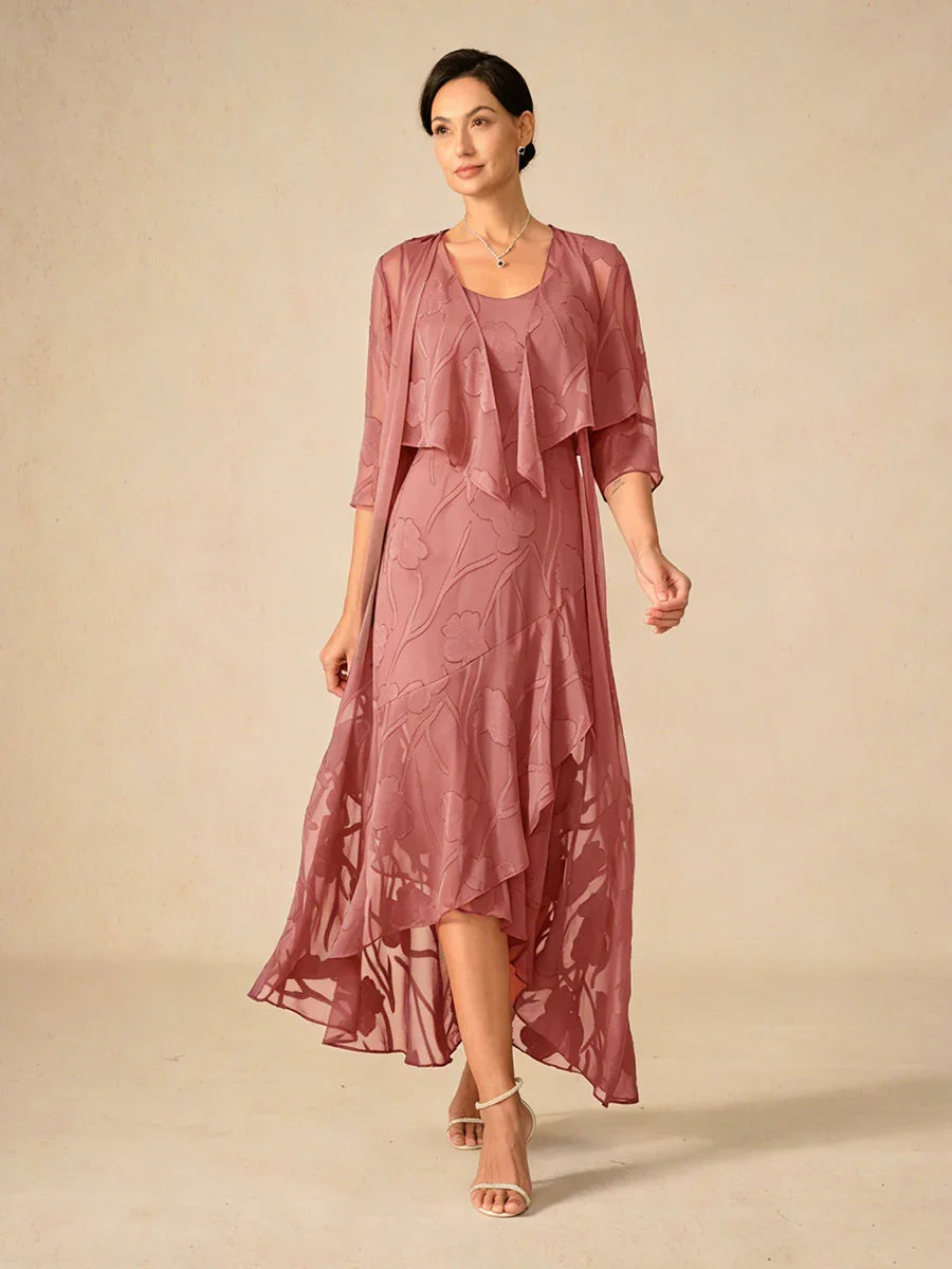 Abito da Sera Senza Maniche in Chiffon Floreale con Orlo Asimmetrico