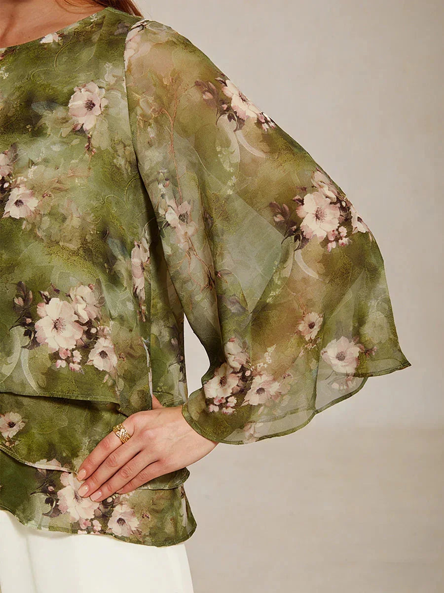 Blusa a strati in chiffon con pizzo e stampa floreale