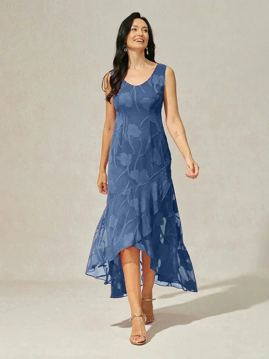 Abito da Sera Senza Maniche in Chiffon Floreale con Orlo Asimmetrico