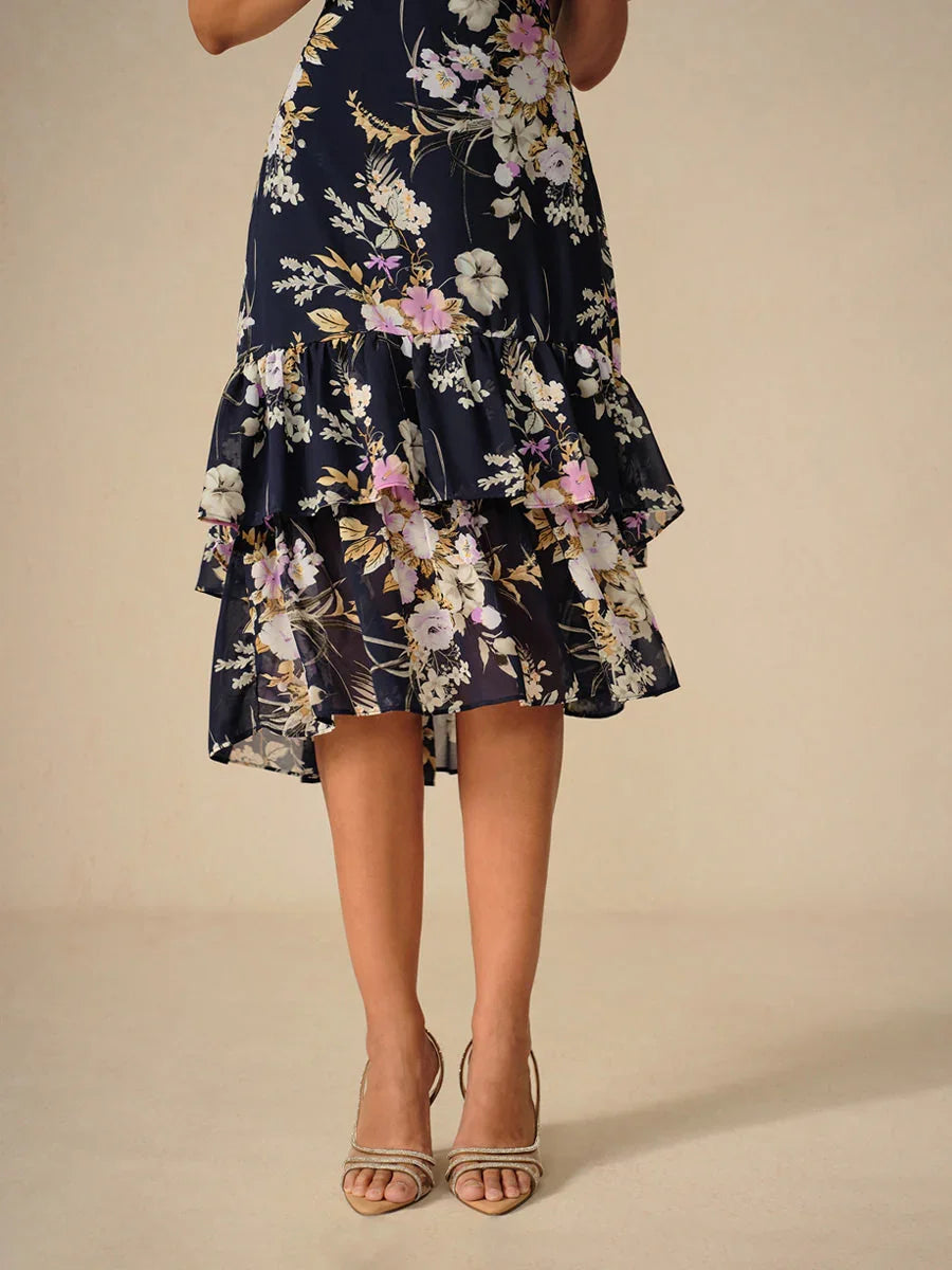 Abito Midi in Chiffon Floreale con Scollatura a V e Rouches