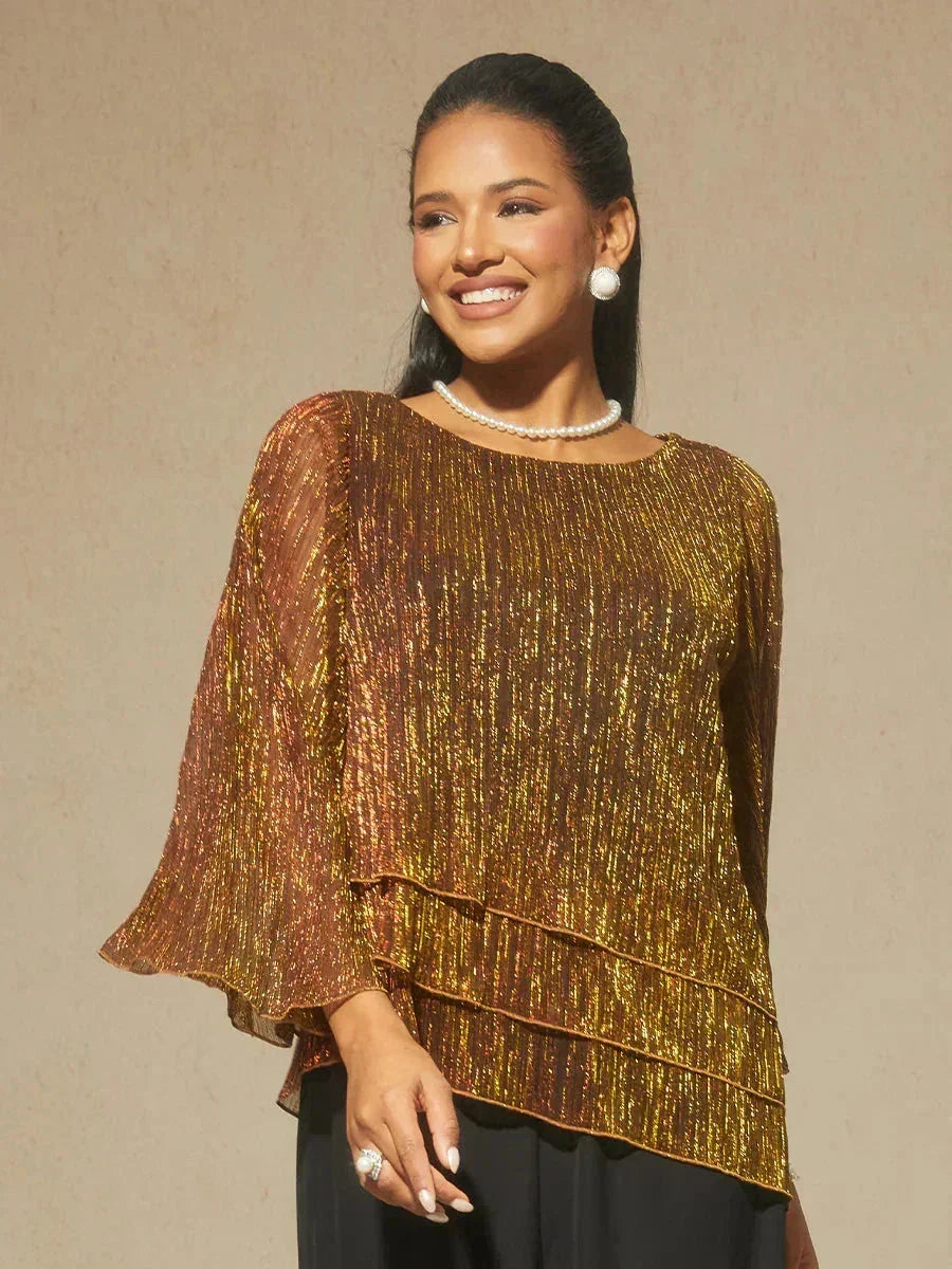 Blusa Asimmetrica a Strati in Chiffon Metallizzato Pieghettato