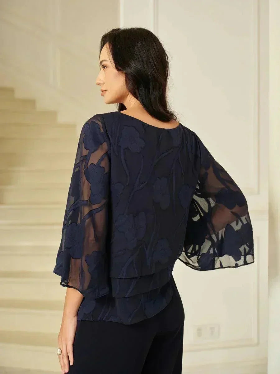 Blusa a Strati in Chiffon con Motivo Floreale