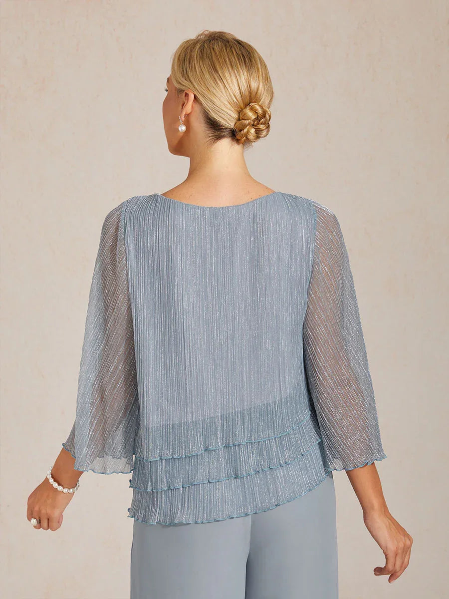 Blusa Asimmetrica a Strati in Chiffon Metallizzato Pieghettato