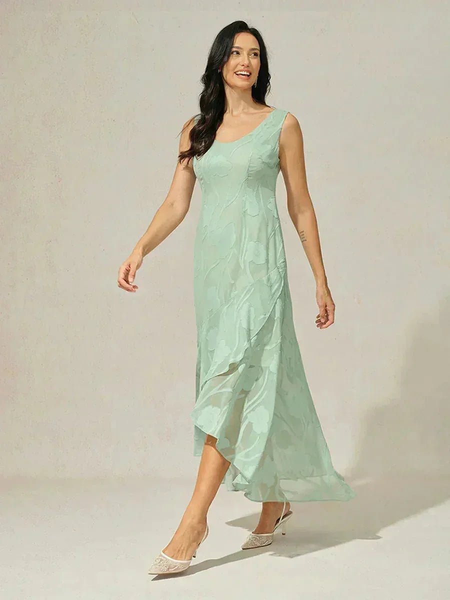 Abito da sera senza maniche in chiffon floreale con orlo asimmetrico