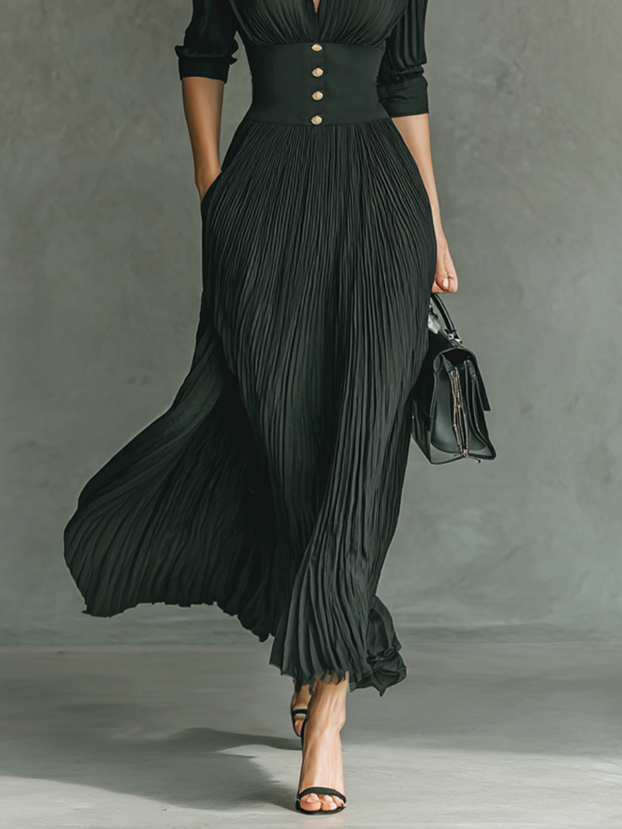 Abiti maxi per donne con colore uniforme, pieghe, colletto, maniche lunghe