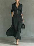Abiti maxi per donne con colore uniforme, pieghe, colletto, maniche lunghe