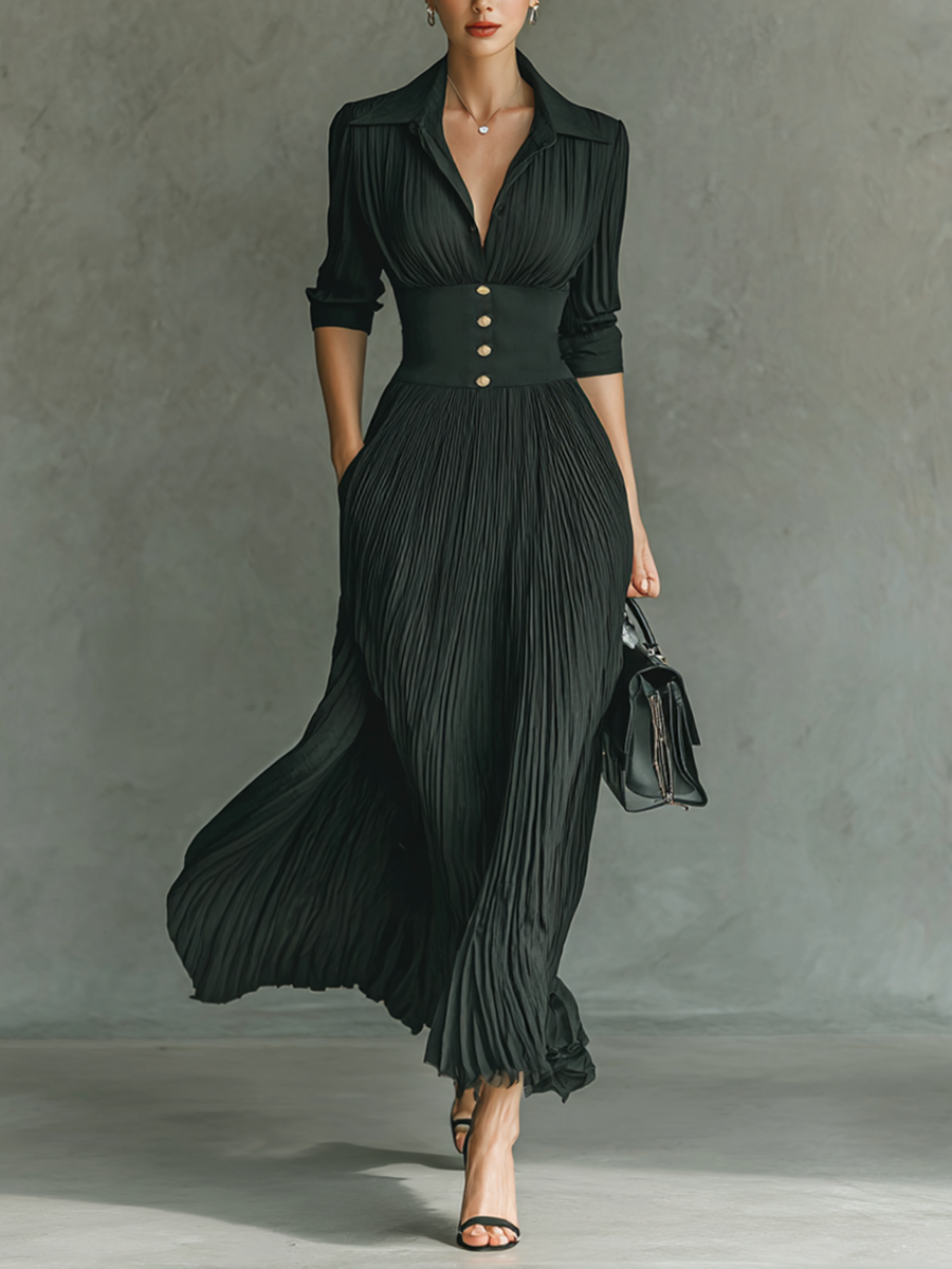 Abiti maxi per donne con colore uniforme, pieghe, colletto, maniche lunghe