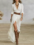 Abito maxi da donna in tessuto imitation cotone e lino con colletto a triangolo e maniche lunghe MDA1968G0Y