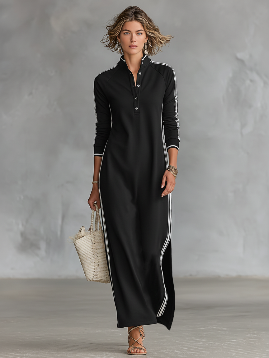 Abiti maxi per donne con colletto a bottoni in stile minimalista con bordi bianchi