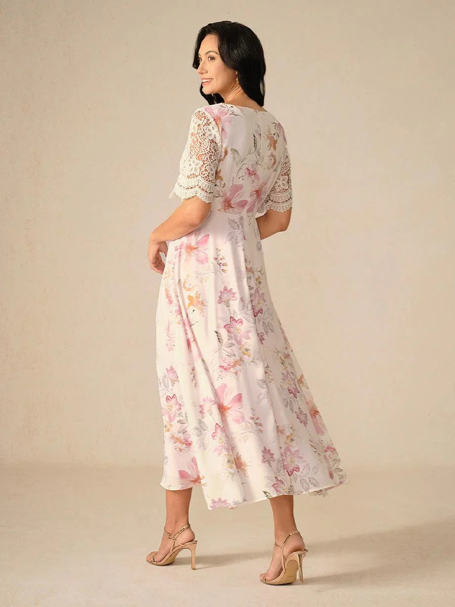 Abito A-Line in Chiffon Floreale con Maniche in Pizzo