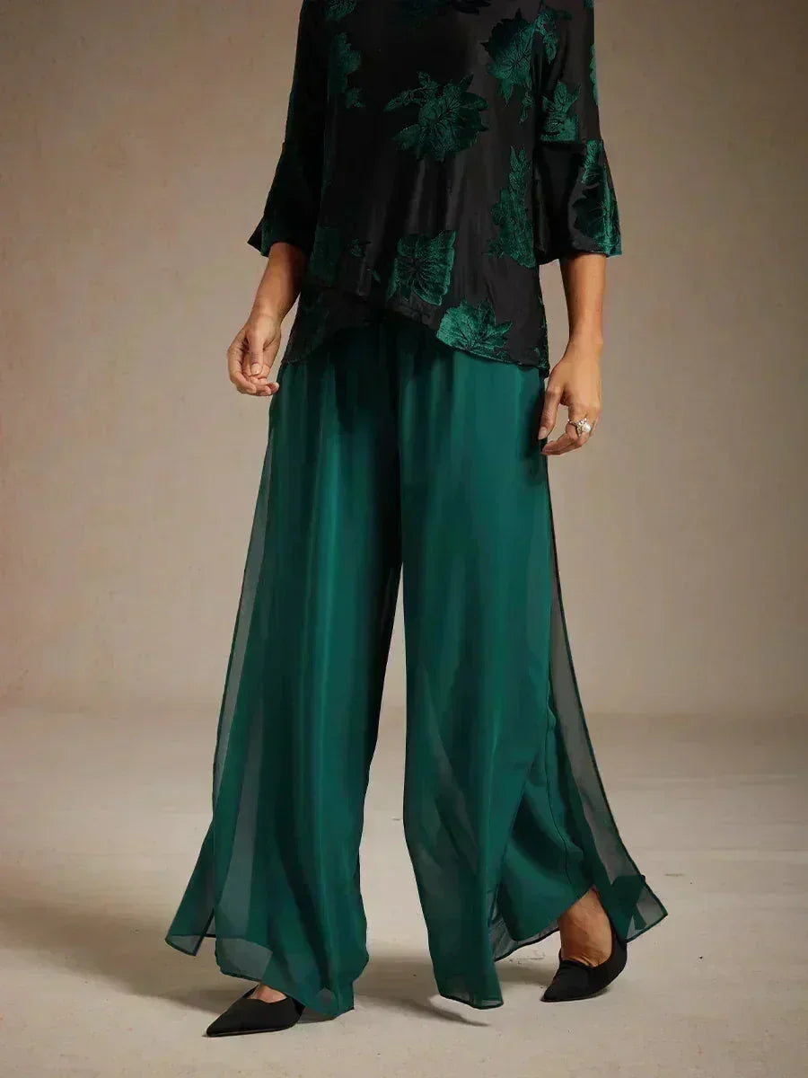 Pantaloni a Gamba Dritta con Sovrapposizione in Chiffon
