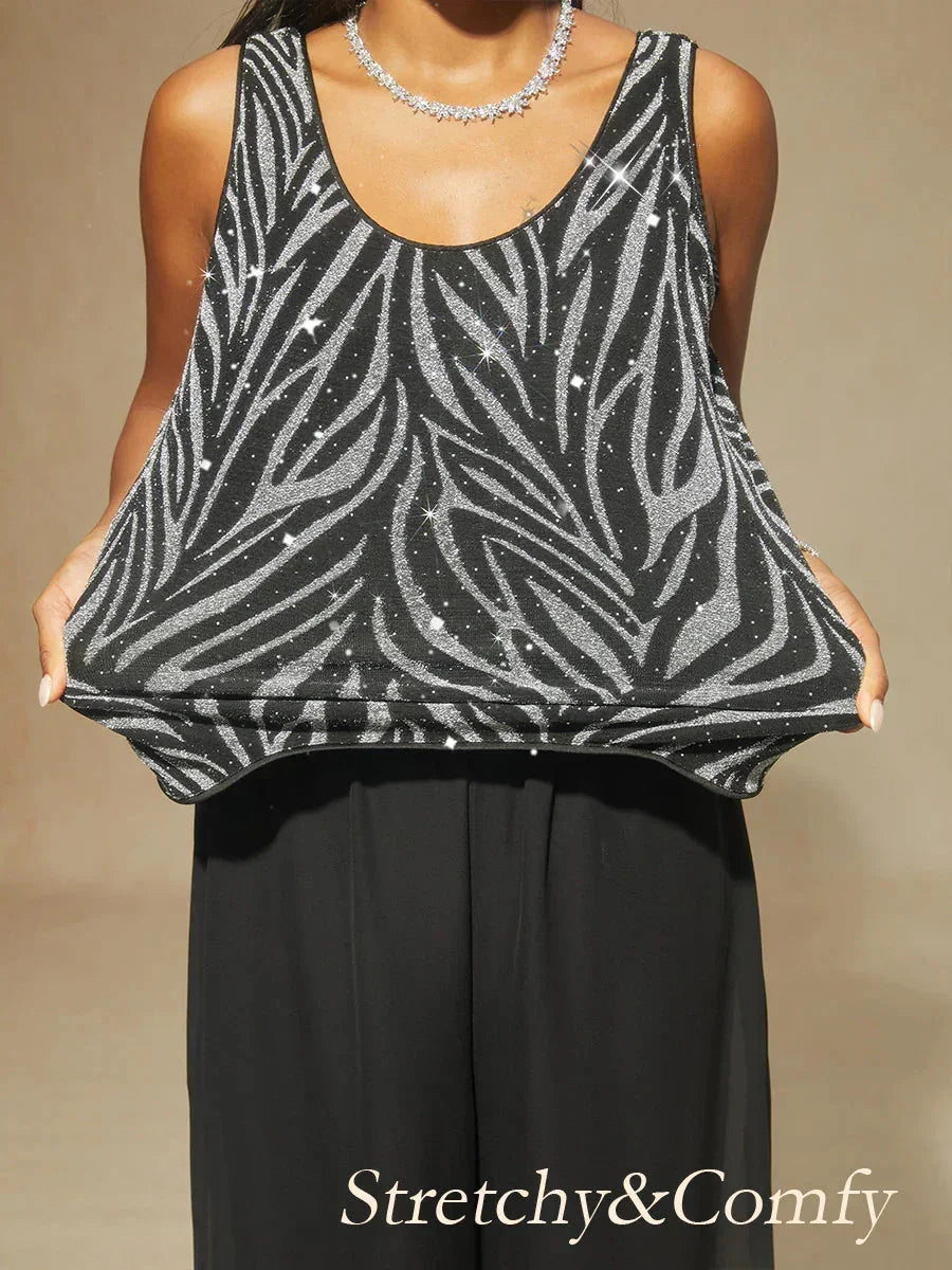 Twinset con Collo alla Mandarina e Stampa Zebra Decorata con Strass