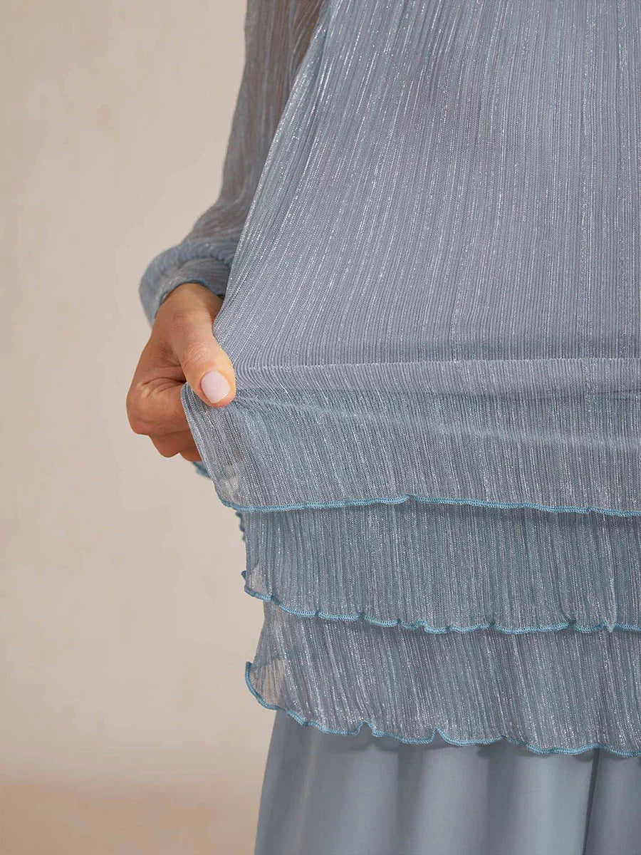 Blusa Asimmetrica a Strati in Chiffon Metallizzato Pieghettato