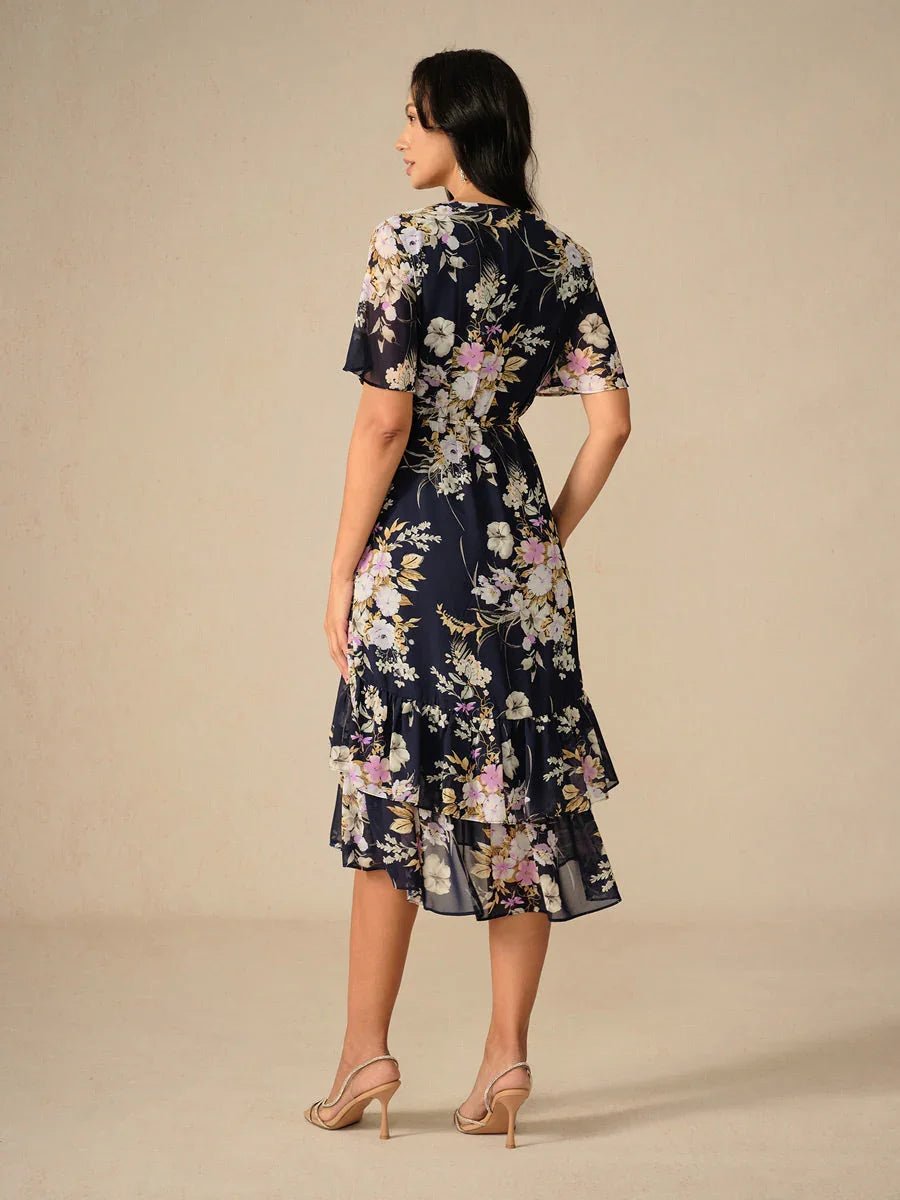 Abito Midi in Chiffon Floreale con Scollatura a V e Rouches