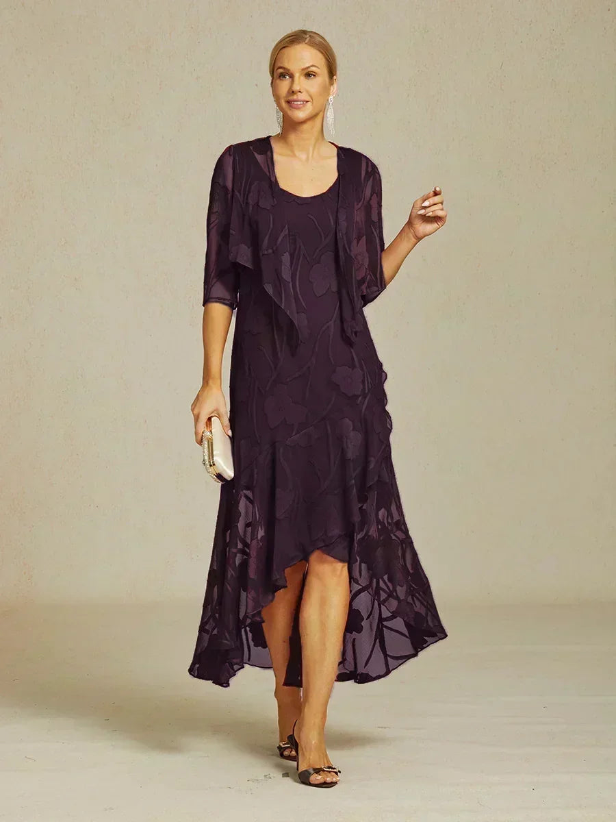 Abito da Sera Senza Maniche in Chiffon Floreale con Orlo Asimmetrico