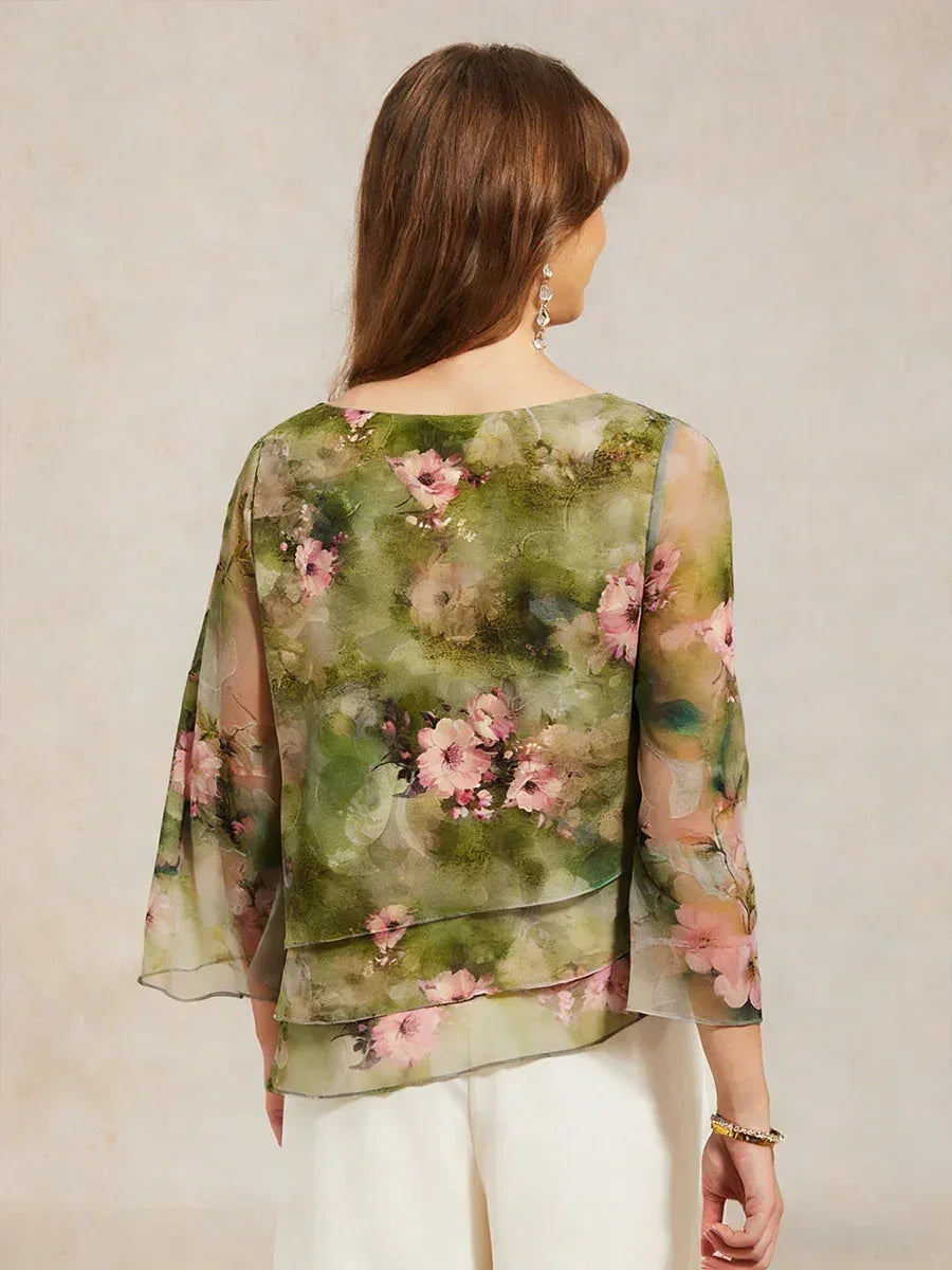 Blusa a strati in chiffon di pizzo con stampa floreale