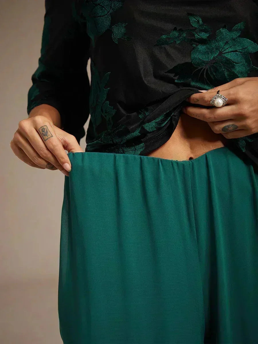 Pantaloni a Gamba Dritta con Sovrapposizione in Chiffon