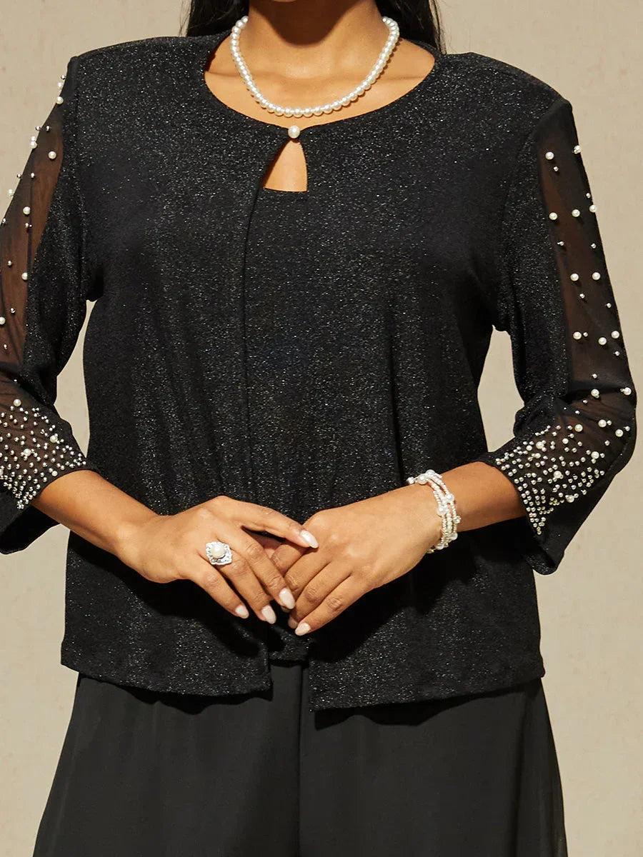 Blusa in Maglia Metallica con Maniche 3/4 e Perline