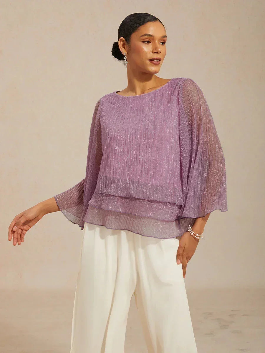 Blusa Asimmetrica a Strati in Chiffon Metallizzato Pieghettato