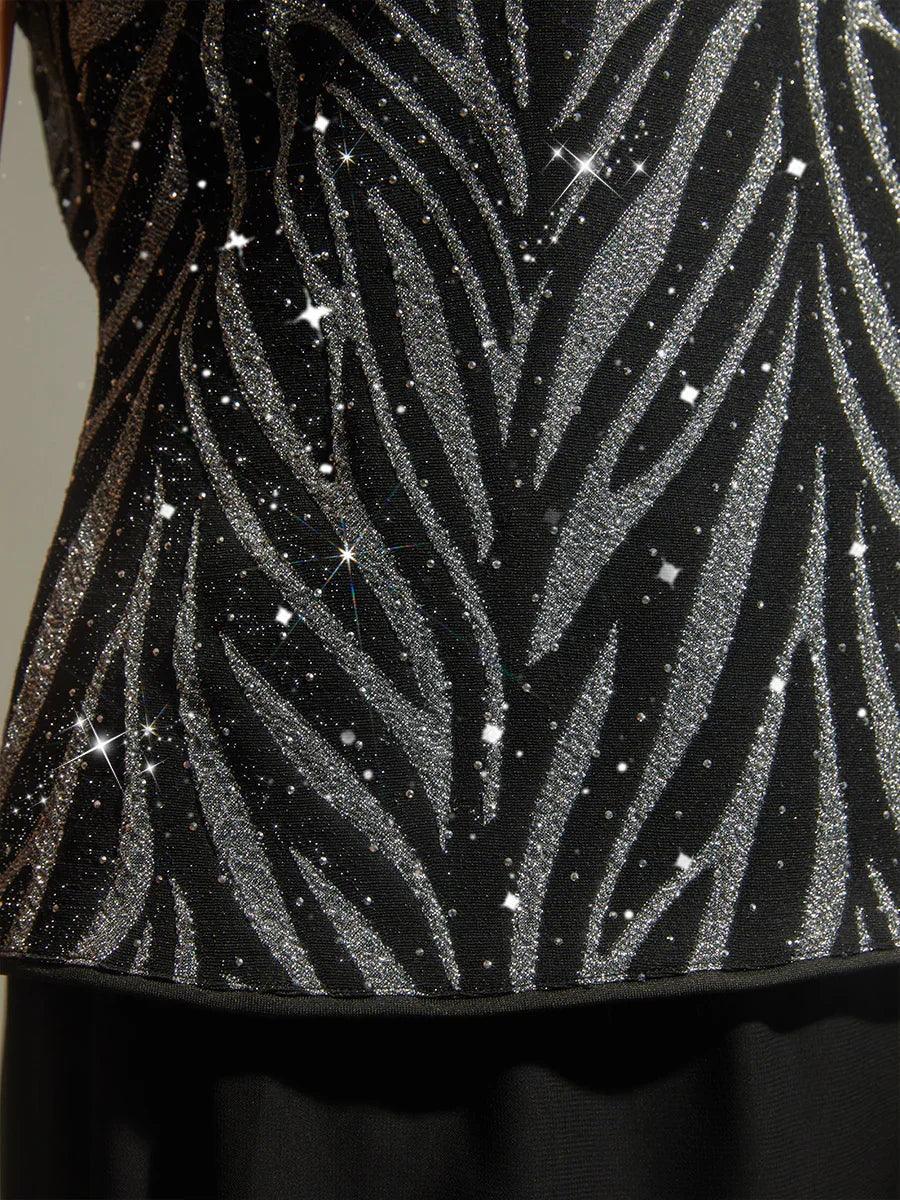 Twinset con Collo alla Mandarina e Stampa Zebra Decorata con Strass