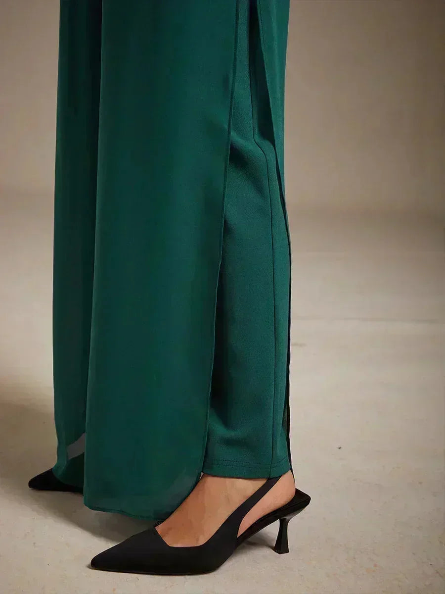 Pantaloni a Gamba Dritta con Sovrapposizione in Chiffon