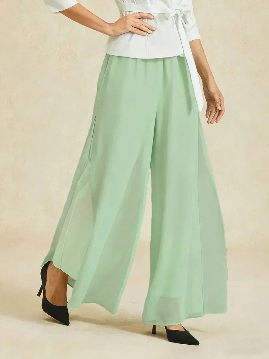 Pantaloni a Gamba Dritta con Sovrapposizione in Chiffon