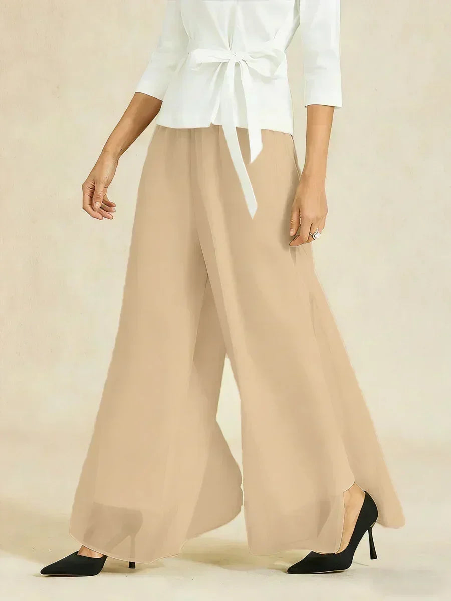 Pantaloni a Gamba Dritta con Sovrapposizione in Chiffon