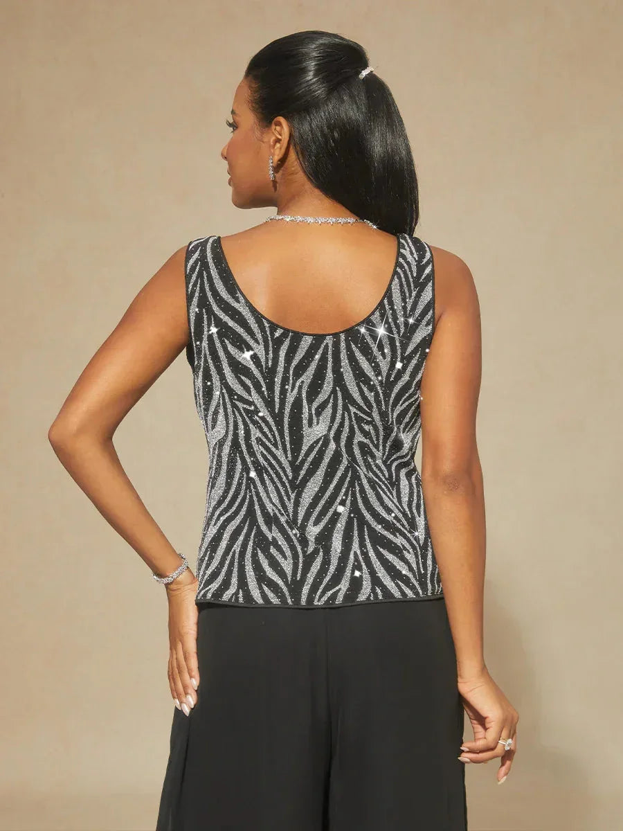 Twinset con Collo alla Mandarina e Stampa Zebra Decorata con Strass