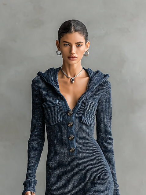 Abito Maxi In Maglia Con Cappuccio Slim Fit Donna MDA1451H6Y