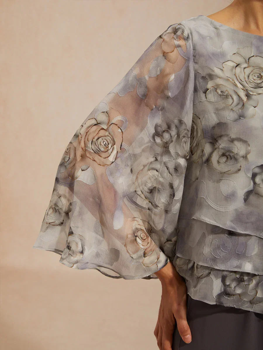 Blusa a strati in chiffon di pizzo con stampa floreale