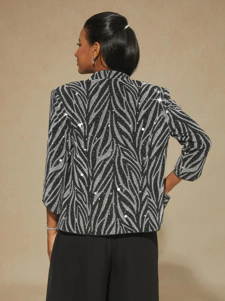 Twinset con Collo alla Mandarina e Stampa Zebra Decorata con Strass